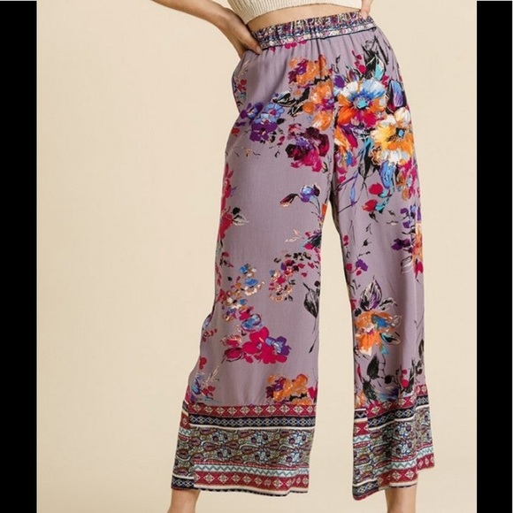 UMGEE Floral Print Elastic Waistband Palazzo Pants - Picture 2 of 2